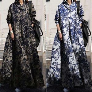 Robe grande taille en coton et lin imprimé pour femmes, vêtements de Style ethnique rétro, amples à manches longues