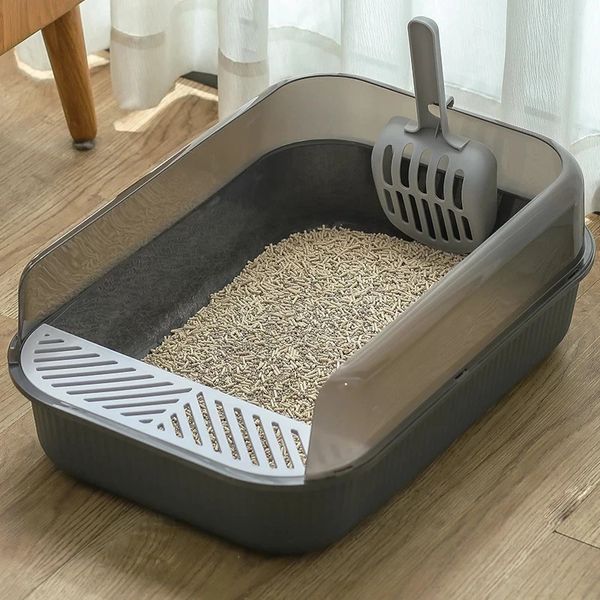 Caja de arena para gatos de gran espacio, caja de arena semiabierta, orinal para mascotas, inodoro antisalpicaduras, bandeja para gatos con pala, suministros para el hogar de gatitos limpios 240116