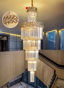 Grote trap kristal kroonluchter luxe lange hangende led -lampen goudverlichting chassis voor loft lobby villa trap woonkamer