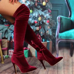 Grands bottes de cuisses pointues de la taille 43 Femme Femme Toe talons hauts Veet Sexy Party Chaussures Automne hiver sur le genou 762