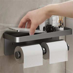 Soporte de papel higiénico grande, rollo montado en la pared con bandeja de almacenamiento, organizador, soporte para teléfono, accesorios de baño 240102