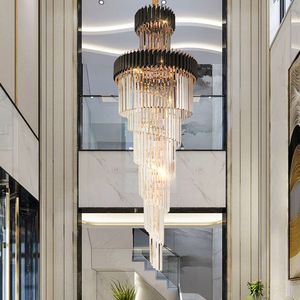 Grote top lange kristallen led kroonluchters hotel hal woonkamer luxe meerlagige trap verlichting zwart roestvrij staal licht