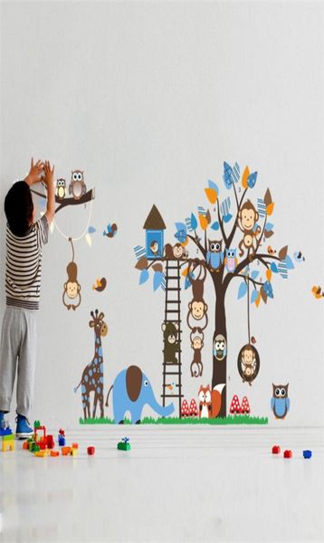 Grand arbre animaux Stickers muraux pour enfants chambre décoration singe hibou renard ours Zoo autocollants dessin animé bricolage enfants bébé maison décalcomanie Mur5494207