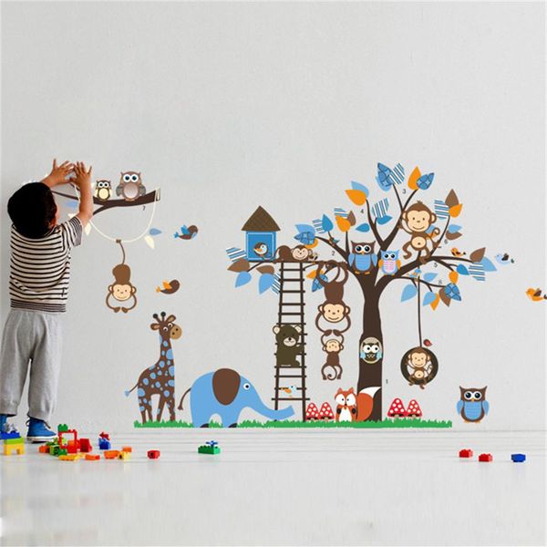 Adesivos de parede grandes de animais de árvore para decoração de quarto de crianças Macaco Coruja Raposa Urso Adesivos de zoológico de desenho animado Faça você mesmo Crianças Bebê Home Decalque Mur2640