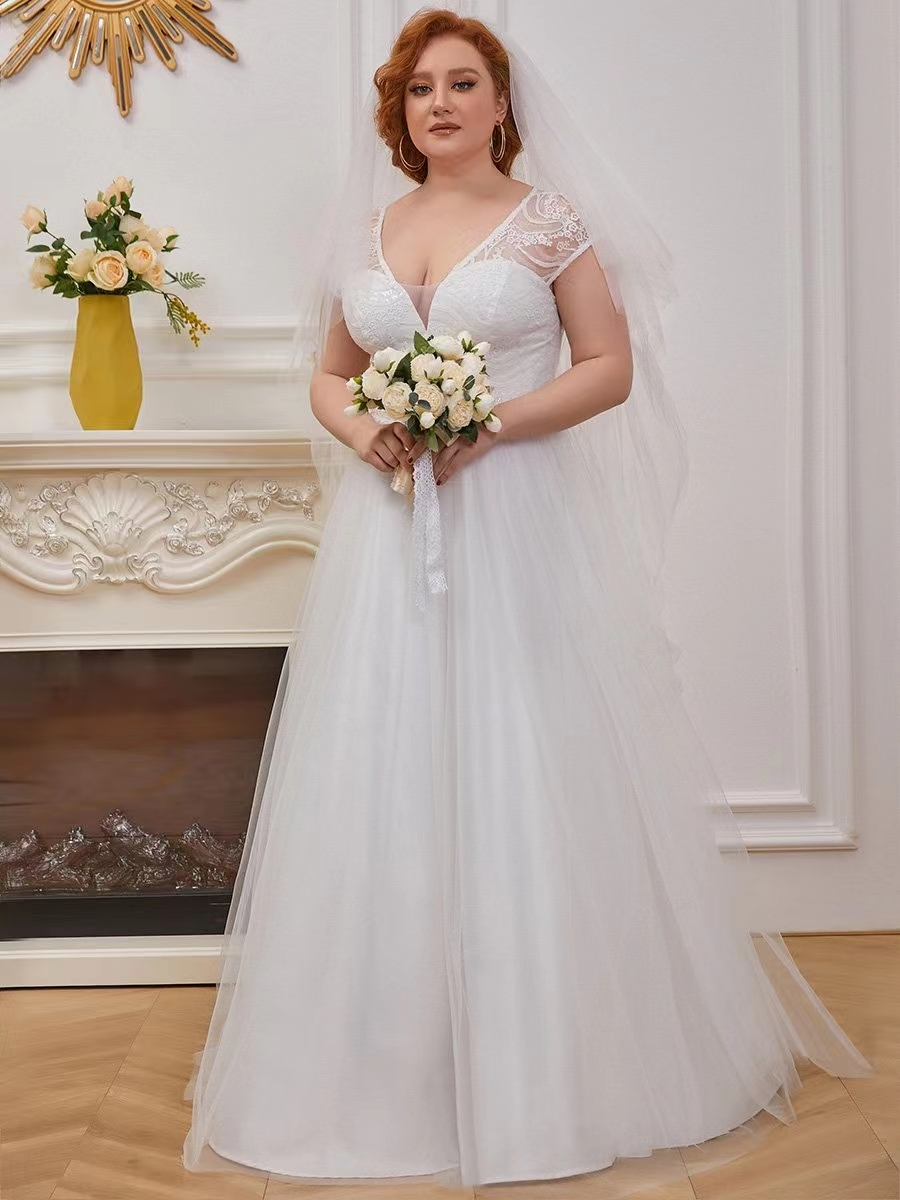Stor bröllopsklänning V-ringdekal enkel elegant brudklänning parti EP00235