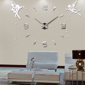 Grote wandklok kwarts 3D DIY Big Decoratieve keuken S Acryl Mirror Stickers Angel Oversize Home Decor Gift Y200109