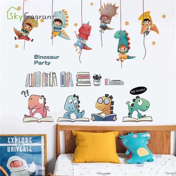 Grands autocollants muraux combinaison de dinosaures mignons, autocollants auto-adhésifs pour chambre d'enfants, décoration de chambre de bébé, décor de chevet, autocollant d'étude 211231t