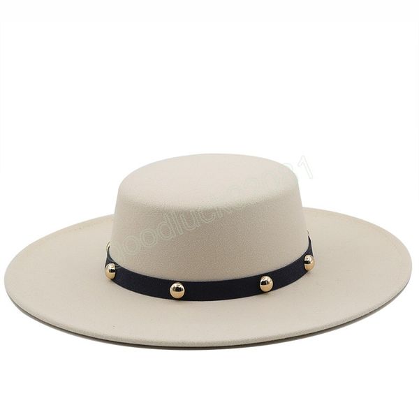 Grand large bord 10CM Jazz chapeau femmes haut plat Fedora chapeaux hiver Derby Beige feutre casquette dames robe formelle chapeau