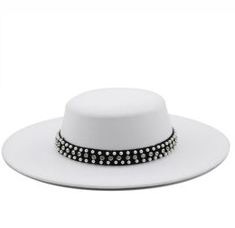 Sombrero Fedora grande de ala ancha de lana sintética Pork Pie Boater con parte superior plana y perlas de remache, gorra de vaquero Trilby de Panamá para fiesta en blanco y negro 7144108