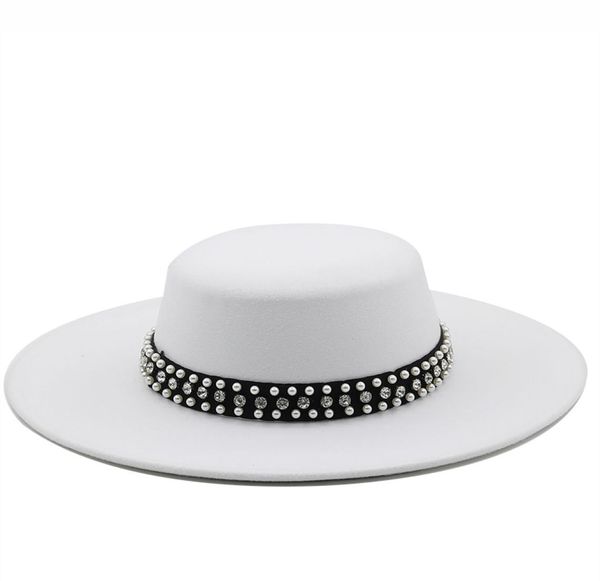 Chapeau Fedora à large bord en fausse laine Pork Pie Boater avec rivets et perles noir et blanc pour fête Panama Trilby Cowboy Cap7144108