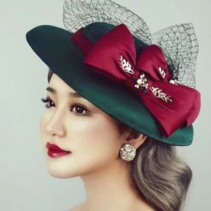 Chapeau d'hiver à Large bord pour femme, chapeau Fedora vert, casquette en feutre, avec nœud, Cloche pour mariage, M157260K, 2023