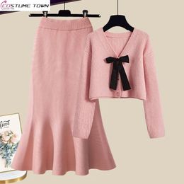 Grand ensemble automne et hiver pour femmes, pull tricoté Slim, Style chérie coréenne, jupe queue de poisson, deux pièces, 240108