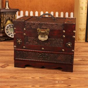 Grote houten sieraden doos vintage patroon cosmetische behuizing met lock Desktop dressing opbergdoos met spiegel 210315