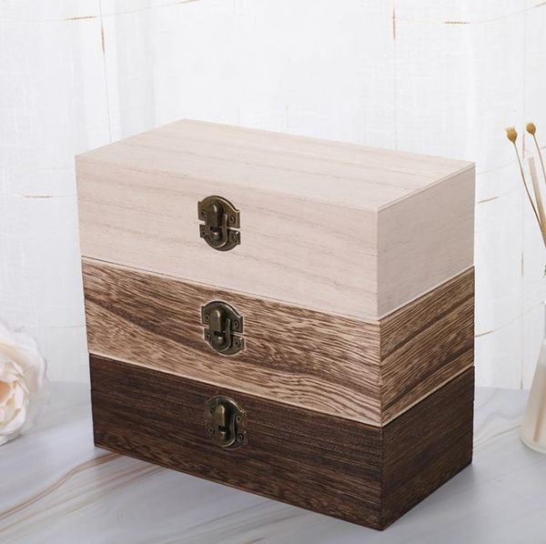 Grande boîte de rangement en bois bûche couleur pin sylvestre rectangulaire rabattable en bois massif boîte-cadeau à la main artisanat bijoux étui 20x10x6cm SN6792