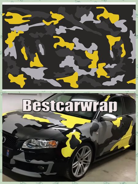 Grand film d'enveloppe de voiture en vinyle camouflage jaune gris noir avec dégagement d'air/enveloppes de camion de camouflage couvrant la taille 1,52x30 m/rouleau 5x98 pieds