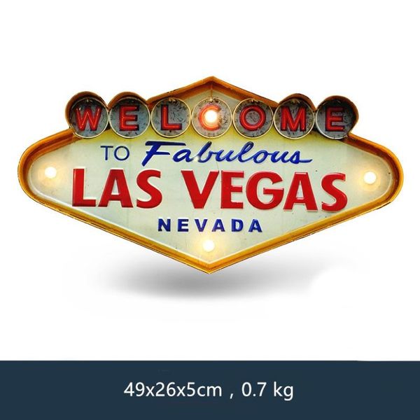 Las Vegas Bienvenido Letrero de neón para bar Vintage Decoración para el hogar Pintura Iluminada Colgando Letreros de metal Hierro Pub Café Decoración de la pared Y200260u