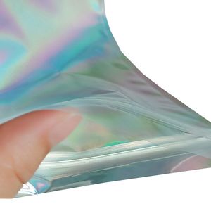 Color láser Bolsa de plástico Mylar Papel de aluminio Bolsa con cremallera Un lado transparente Bolsa de embalaje de plástico posterior Paquete al por menor Joyería embalaje de alimentos BJ