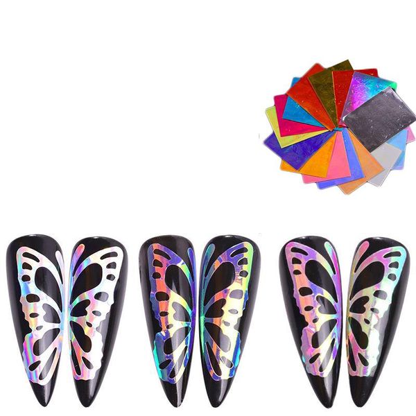 Etiqueta engomada colorida del arte del clavo del láser 3d mariposa fuego llama hoja holográfica pegatinas de lámina para uñas calcomanías DIY decoraciones con purpurina