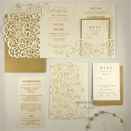 Kit d'invitation de mariage de poche coupé au laser - Invitation d'ivoire Vintage - Swirl Lasercut Suite - Gold Glitter Envylope Liner Quinceanera