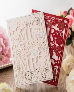 Cartes d'invitation de mariage découpées au Laser, fleurs en papier blanc, cartes d'invitation Mr Mrs, 2 couleurs, enveloppe et sceau, entier 4723391