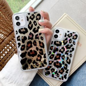 Laser Dream Leopard Glitter Bling Liquid Cases Meisjes Dames Creatieve Stromende Drijvende Zachte TPU Bumper Hard Clear Cover voor iPhone 12 11 PRO MAX 8 7 6 6S PLUS