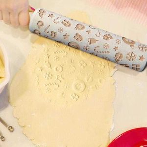 Laser Embossing Rolling Pin 35 CM Kerstmis Sneeuwvlok Elanden Gift Patronen Dough Gegraveerde Roller DIY Keuken Bakvormen 211008