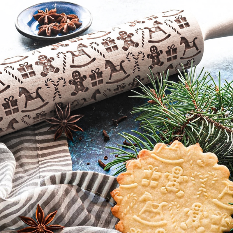 Laser Engraving Wooden Rolling Pin Christmas Element Embossed Rolling Pin Delicate Professional Dough Roller for Kitchen
