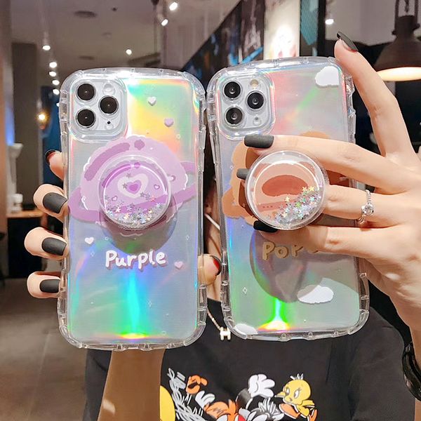 Laser Glitter Planet Star Holder Téléphone étui pour iPhone 11ProMAXCase XR XS Max X 11 8 7 6 Plus Support en forme d'arc Couverture souple transparente