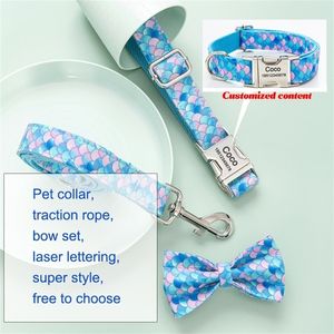 Inscription laser Pet Dog Collar Traction Corde Bow Suit Designer Stripe Imprimée Colorful Brewable Tissu Custom Name LJ201111