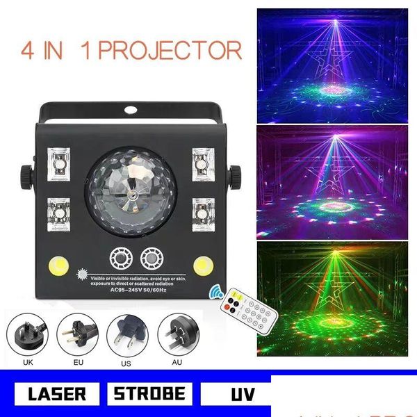 Éclairage laser Dj Light 4 en 1 effet mixte LED lampe à motif lampes stroboscopiques avec télécommande son activé lumières de scène DMX Home Dhpr9