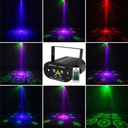 Luces láser Show de música RGB DJ 128 Combinaciones Gobos láser Proyector LED azul Iluminación remota de escenario Sonido activado Casa de banquete de boda