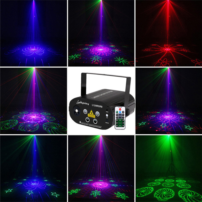 Lumières laser Spectacle musical RGB DJ 128 combinaisons Laser Gobos Projecteur LED bleue Éclairage de la scène à distance Éclairage sonore Salle de réception de mariage activée