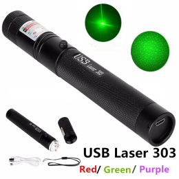 Puntero láser carga USB 303 alta potencia 5 MW punto verde rojo púrpura lápiz láser de un solo punto estrellado láser de alta calidad LL
