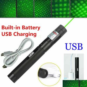 Punteros láser 200Mile Usb Recargable Green Pointer Astronomy 532Nm Grande Lazer Pen 2In1 Star Cap Beam Light Batería incorporada Pet Dhyat