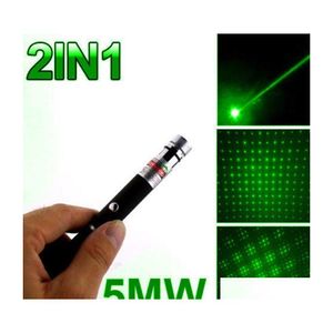 Punteros láser 5Mw 532Nm Green Pen Black Strong Visible Beam Laserpointer Powerf Pointer 2 en 1 Star Head Lazer Kaleidoscope Light C Dhu3X