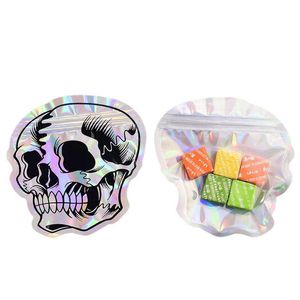 Laser Skull Sugar Mini bolsas de embalaje 12 * 12 cm Papel de aluminio OPP Bolsa de plástico Mylar Parte posterior transparente para regalo de Halloween Hierba seca Dulces Galletas Merienda Paquete de nueces Almacenamiento