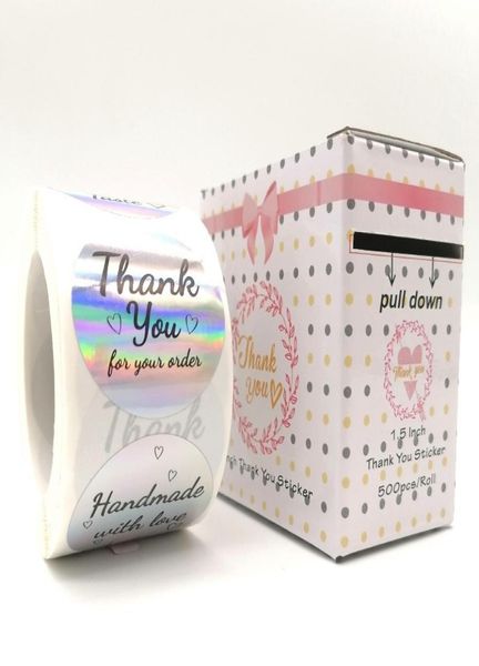 Autocollants laser 500pcsroll 15in38 mm Papier d'emballage Merci Kraft Autocollant avec étiquettes rondes Box cadeau Cupcake Boxes Papers8169249