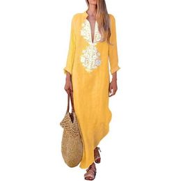 Lasperal Bohemia Maxi Vestido Casual Manga Con Cuello En V Mujeres Suelta Fiesta Playa Vestido Largo Túnicas Túnicas Kaftan Q1905132578