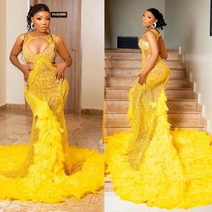 Lastst Bright Yellow Aso Ebi Sirène Robes de bal Pluat Sirène Long Tulle Per perle African Pintter Sexy Robes de soirée Party Backless Party Forme Forme