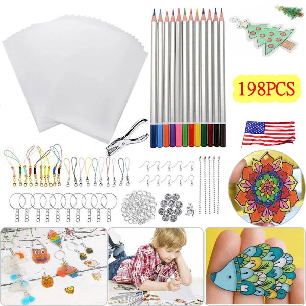 LastOortsen 198pcs raccourcis en plastique Kit de chaleur feuilles à blanc rétrécies Punch de papier art punch et porte-clés accessoires pour les fournitures d'artisanat pour enfants