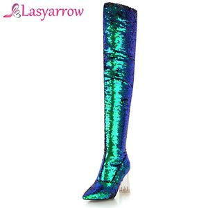 Lasyarrow automne hiver talons hauts Sexy sur les bottes au genou or argent chevalier bottes paillettes Bling femmes discothèque bottes 231225