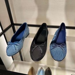 Lates Denim Blauw Designer Balletschoenen Slingbacks Sandaal Strik Platte Schoen Dame Lederen Pumps Casual Straatfeest Kantoorschoenen Met Doos NO488