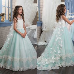 Dernières 2017 Menthe Tulle Ivoire Dentelle A-ligne Robes De Filles De Fleur Pour Les Mariages Pas Cher Bijou Perlé Sash Applique Enfants Robe De Mariage EN12155