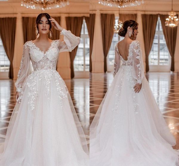 Dernières 2023 Une Ligne Robes De Mariée Sexy Poète À Manches Longues Col En V Appliques 3D Flora Arabe Robes De Mariée Plus La Taille Robes De Mariage BC15306