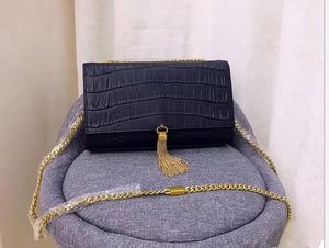 Dernier 8858 classique meilleur cuir de crocodile tout nouveau style sac à main chaîne en métal avec pompon cadeau d'anniversaire doux carré mini-sac 24 cm 15 cm 5 cm