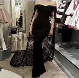 Sexy noir sirène robes de soirée avec pleine dentelle Wrap 2021 élégant hors épaule saoudien arabe longue trompette formelle robes de soirée de bal