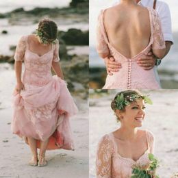 Nieuwste blos roze strand trouwjurken 2019 kant tuin bruidsjurken met mouw volledige lengte backless boho vintage country trouwjurk
