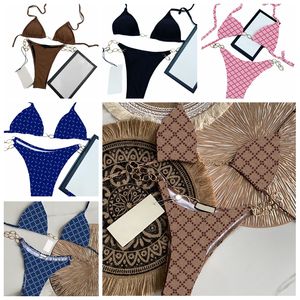 Vintage Letters Bedrukte Bikini's Badmode Dames Sexy Split Chain Badpakken met Stropdas Zomer Zwembad Party Spa Strand BH Slips Strings Mode Gewatteerd Badpak 2 Kleuren