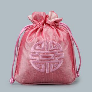Bolsas de regalo de fiesta de boda alegres bordadas, artesanía china, bolsa de regalo de Navidad, bolsa pequeña de tela satinada con cordón, bolsa de embalaje de joyería, 10 Uds.