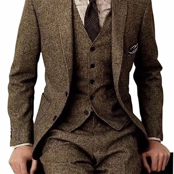 Dernières Manteau Pantalon Designs Brown Tweed Costume Hommes Vintage Hiver Costumes De Mariage Formel Pour Hommes Classique Costume 3 Pièces Hommes Costume 201105